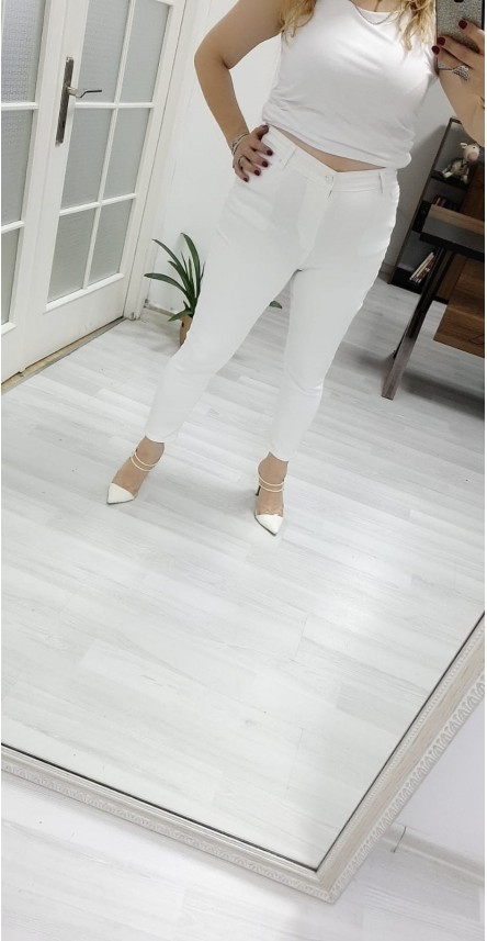 Beyaz Full Likrali Kot Pantolon